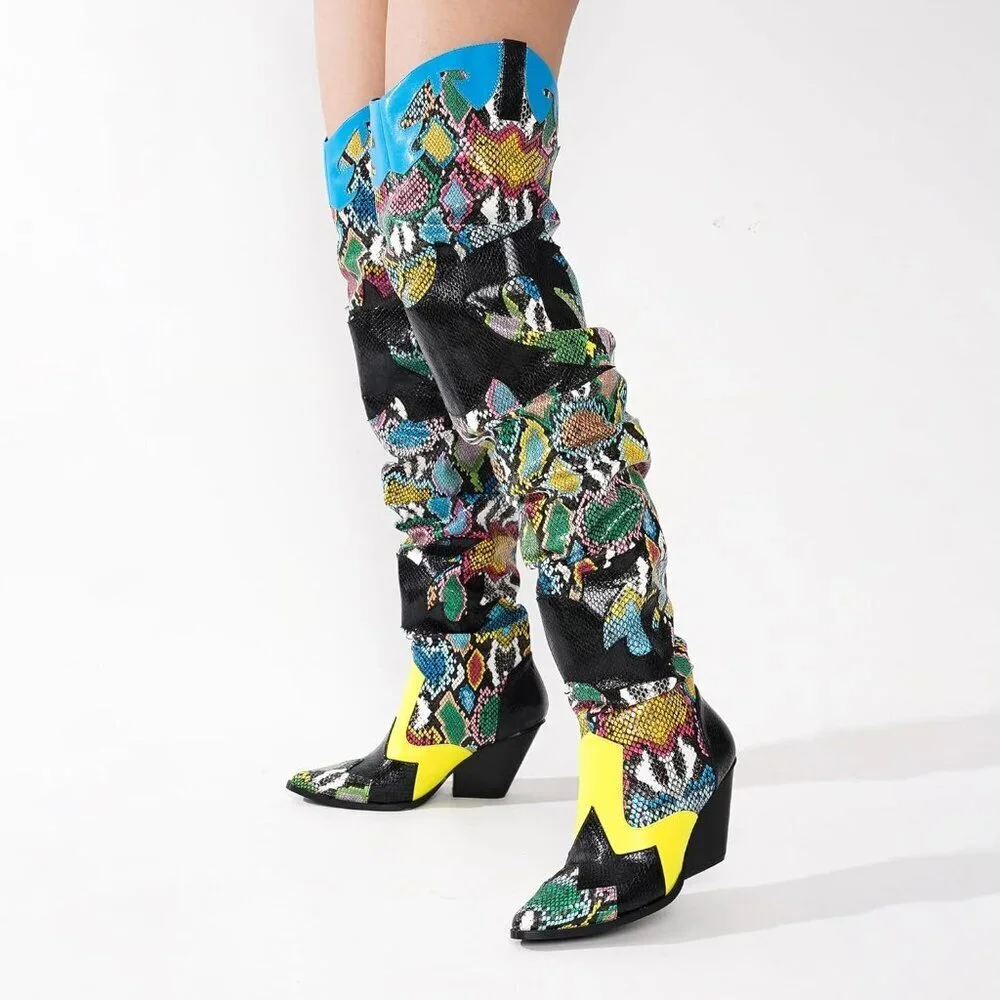 Cape Robbin Women's Multi Polyurethane Thigh High Block Heel Cowboy Western Boot